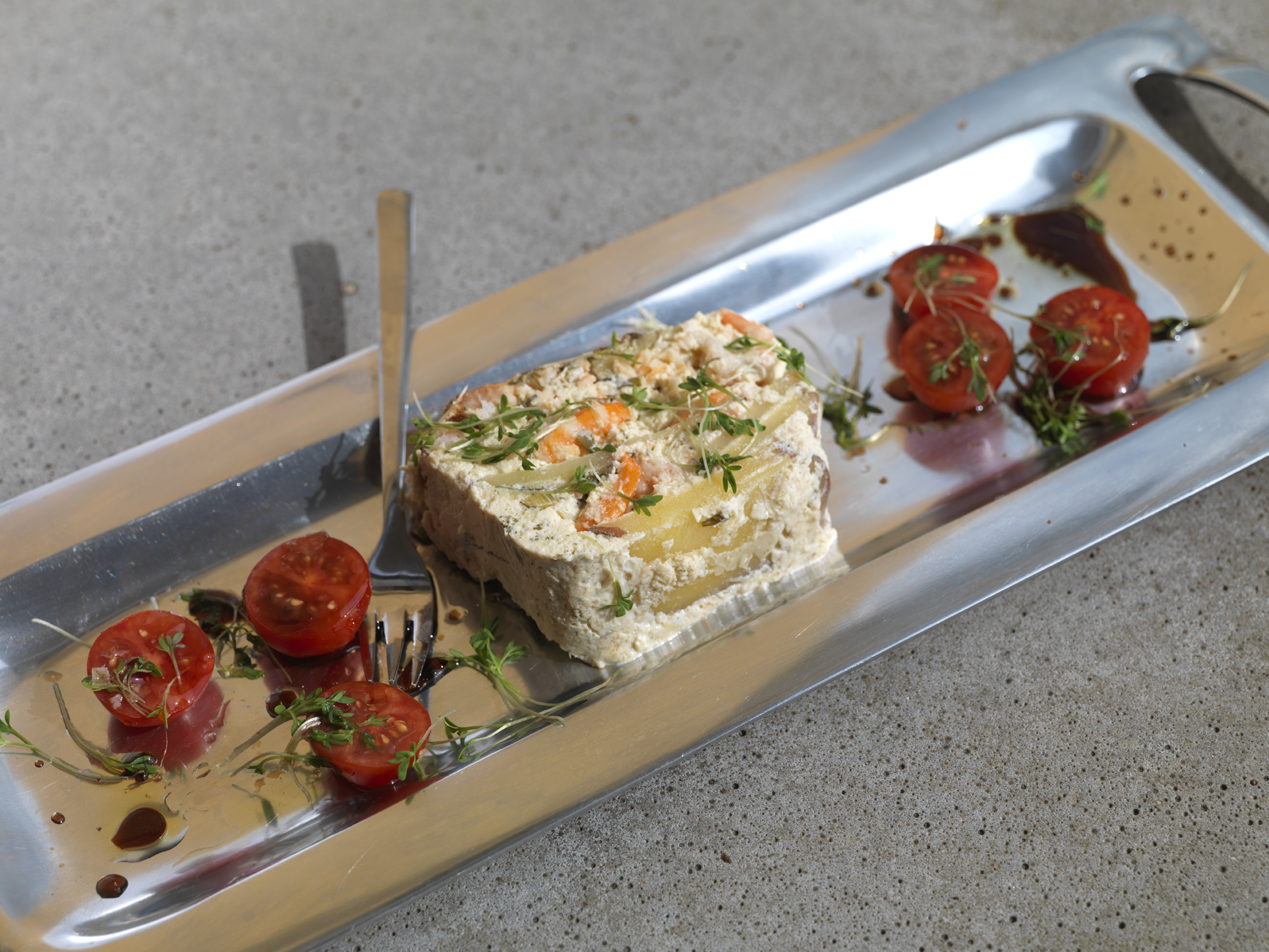 Potatisterrin med ost och skaldjur